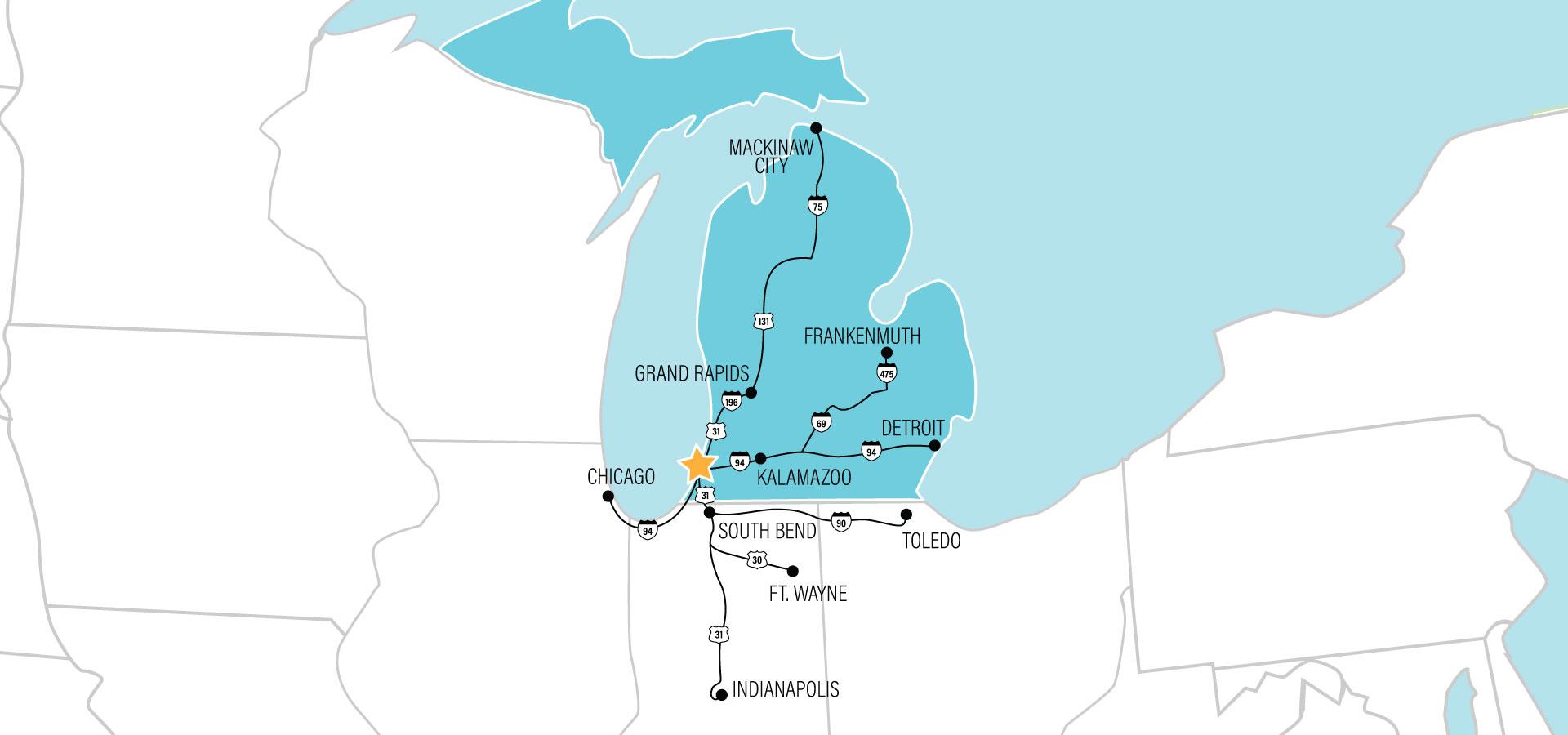 Map of Michigan with major roads.