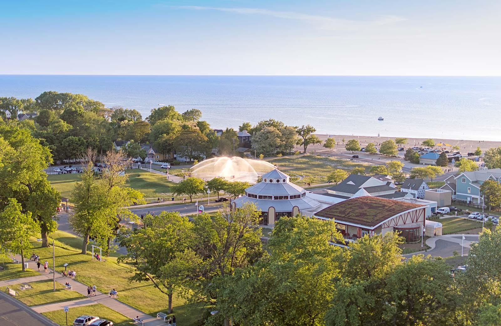 An above the bluff view of Silver Beach, Silver Beach Carousel and Whirlpool Centennial Park