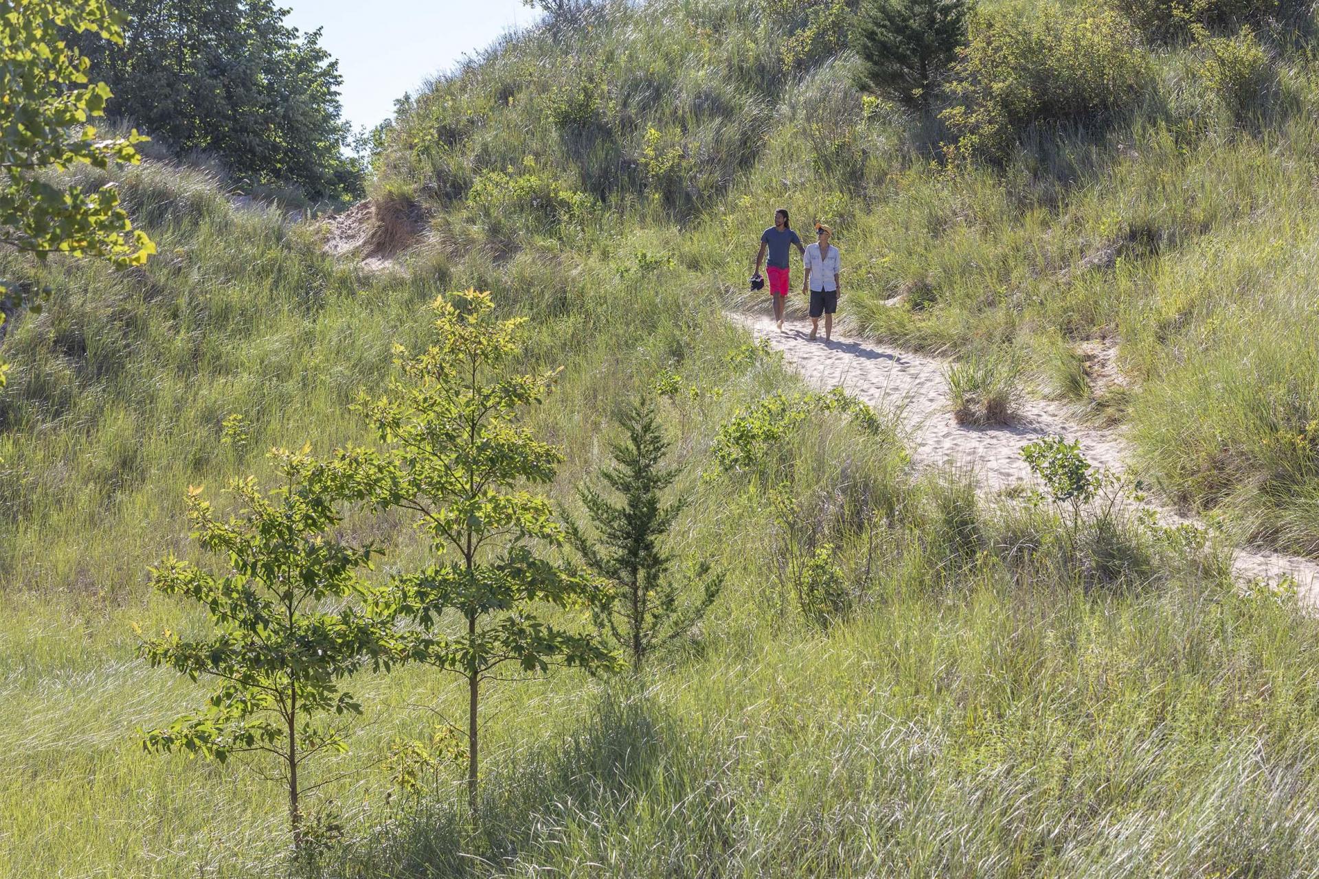 Two people hiking at Grand Mere State Park in the Summer.