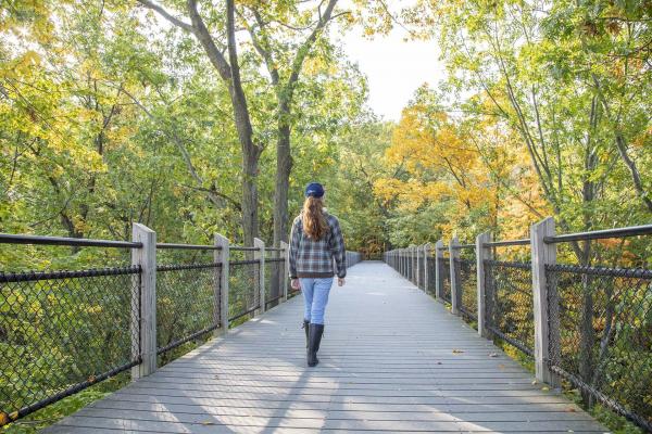 A person walking on the boardwalk at Galien River County Park