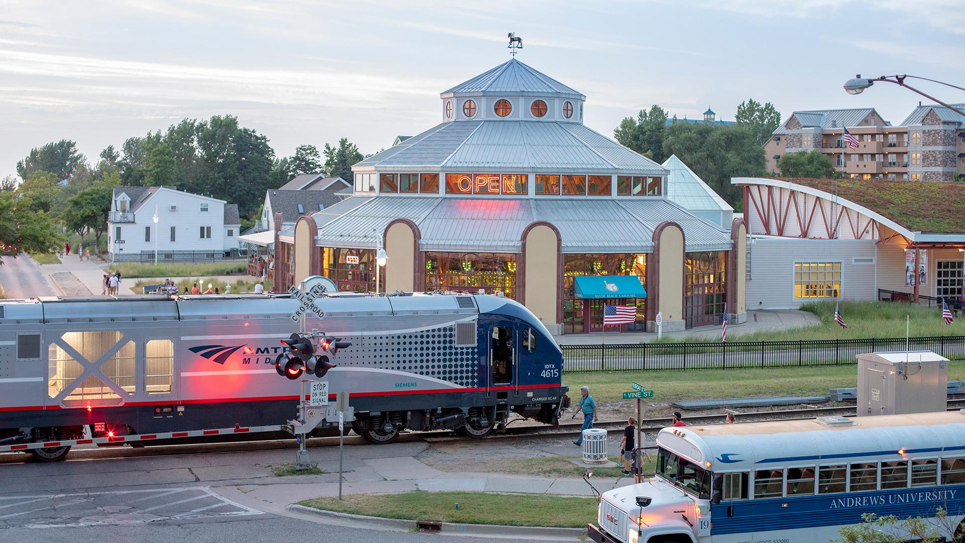 An Amtrak train passing through St. Joseph