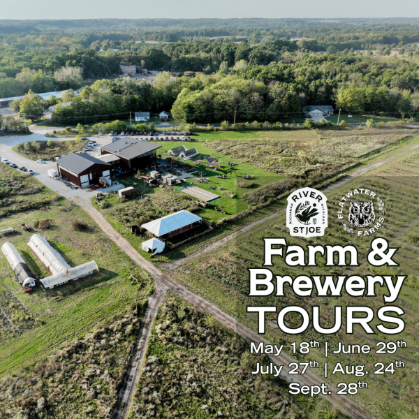 Farm & Brewery Tours of River Saint Joe at Flatwater Farms, May-September 2025. Shot overlooking Flatwater Farms and the Brewery in Buchanan, MI. 
