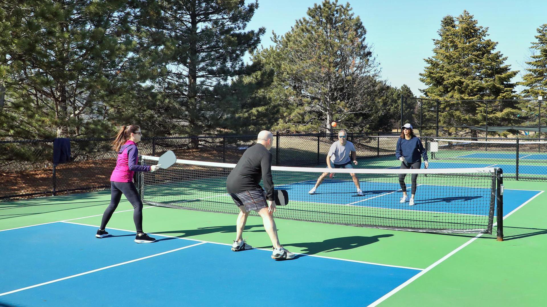 Four players engaging in a game of pickleball outdoors on a sunny day, with clear skies and a lively atmosphere on the court