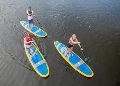 A top view of a group of three people paddleboarding on calm water, with their boards and paddles visible against the smooth surface of the water
