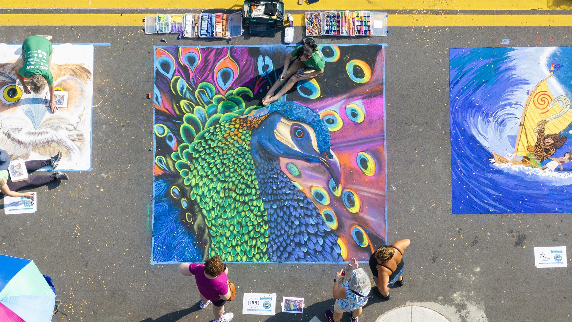 Overhead shot of three women watching a street artist draw a vibrant, colorful peacock in chalk. Bold blues, greens, and purples fill the artwork on a sunlit summer day