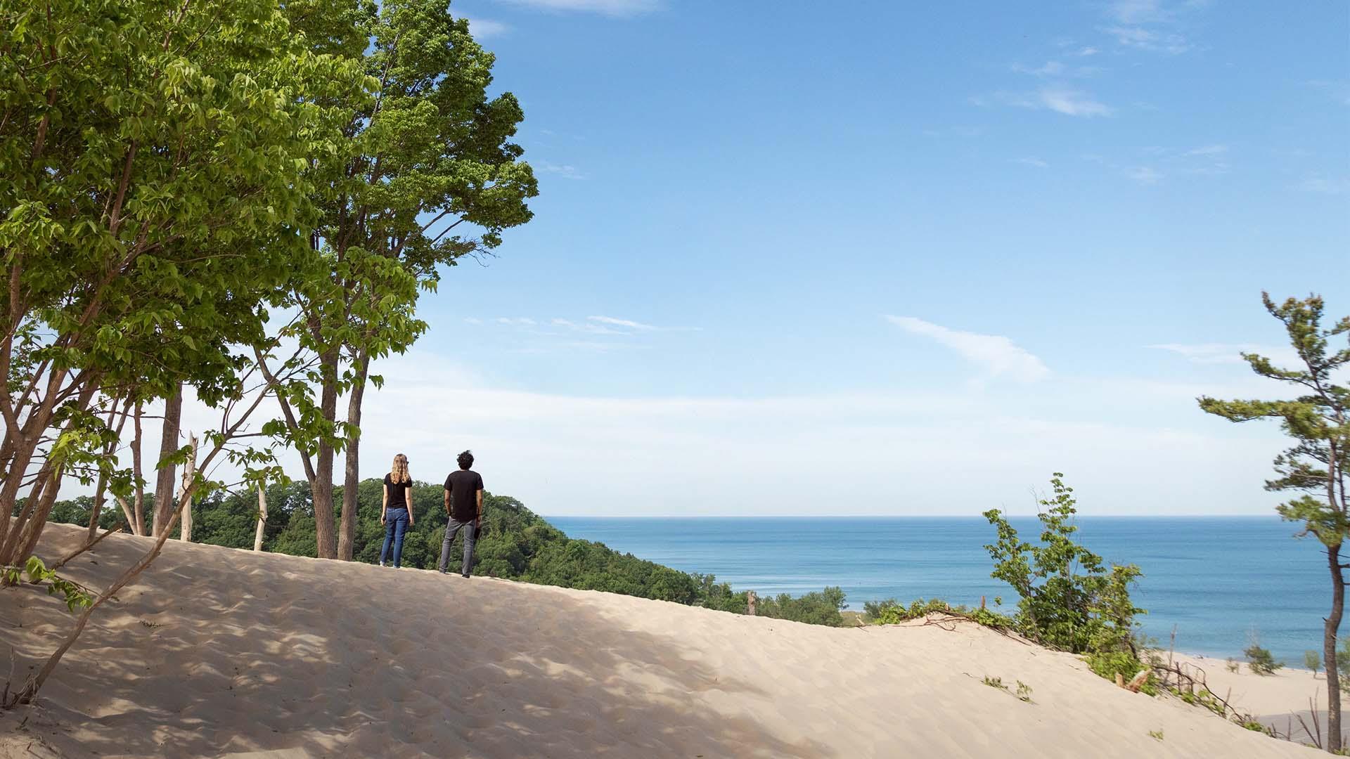 At Warren Dunes State Park, a man and a woman stand on a sand dune on a sunny day, observing the distant view of tree-covered dunes and Lake Michigan.