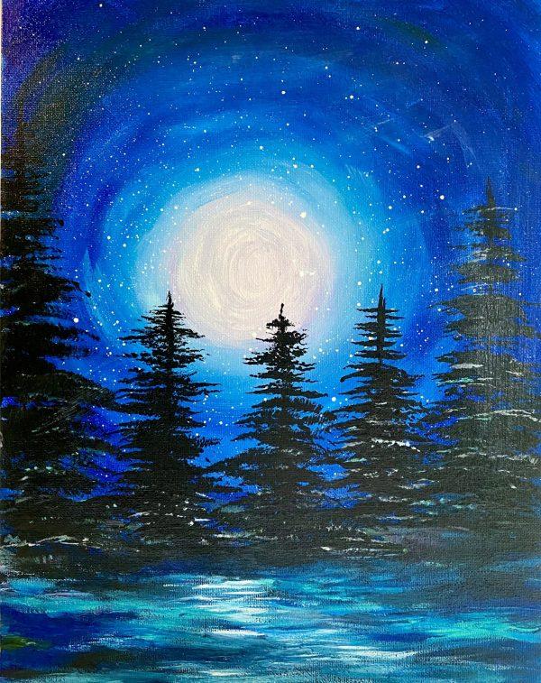 Painting of a night sky with pine trees and the moon