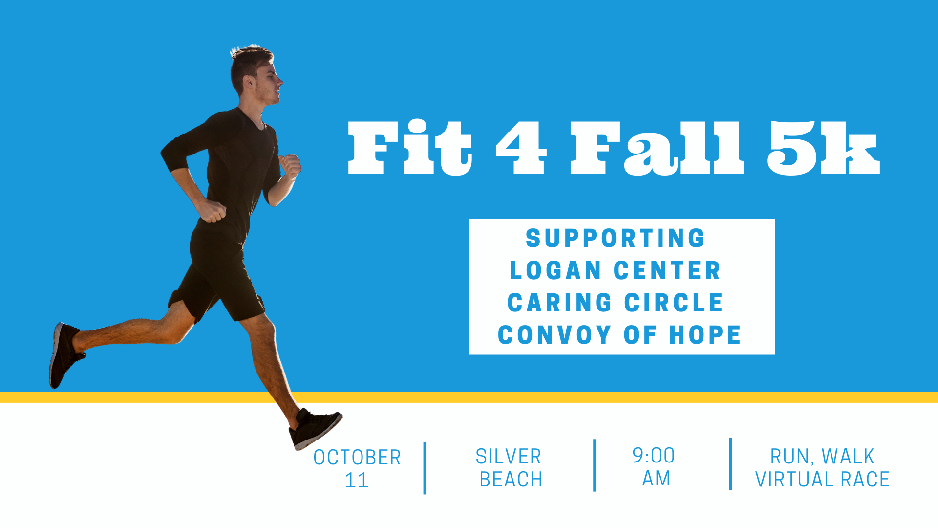 Fit 4 Fall 5k - man running with charities supported 