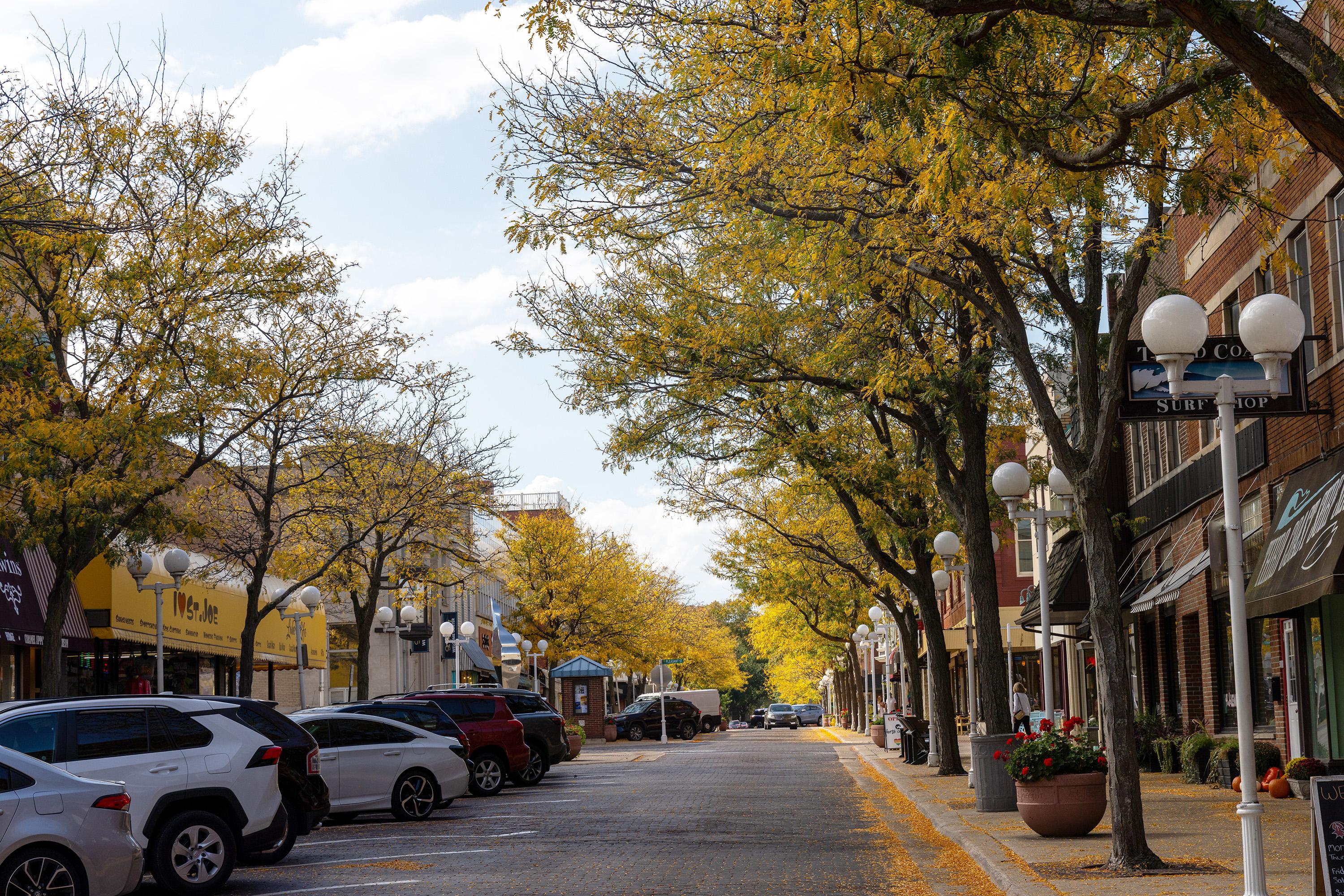 Downtown St Joseph during the fall with all trees turning yellow