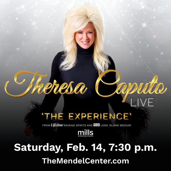 Image of Theresa Caputo in a black dress with the title of the event