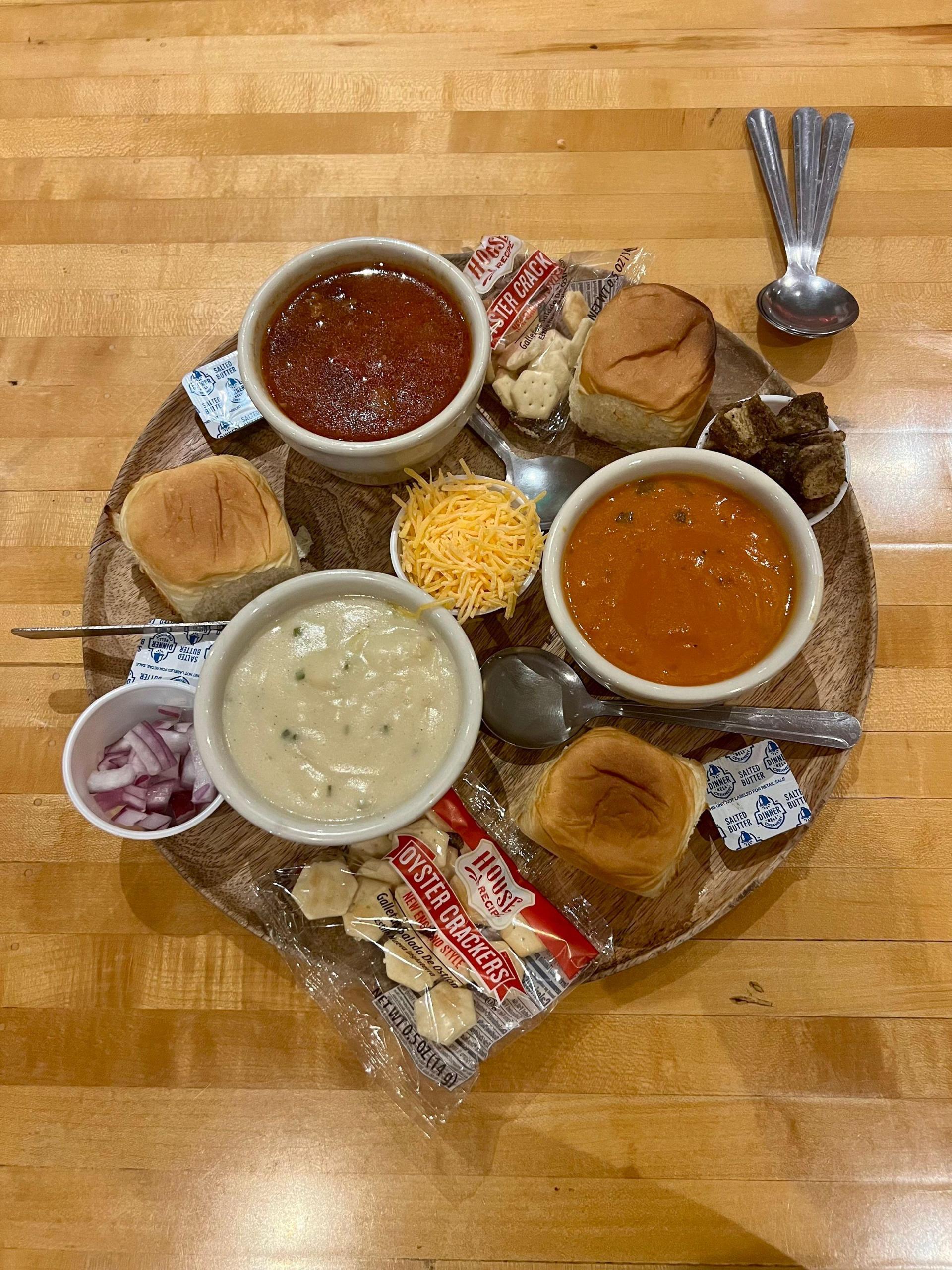 soup trio featuring tomato soup, chili, and potato soup at Lehman