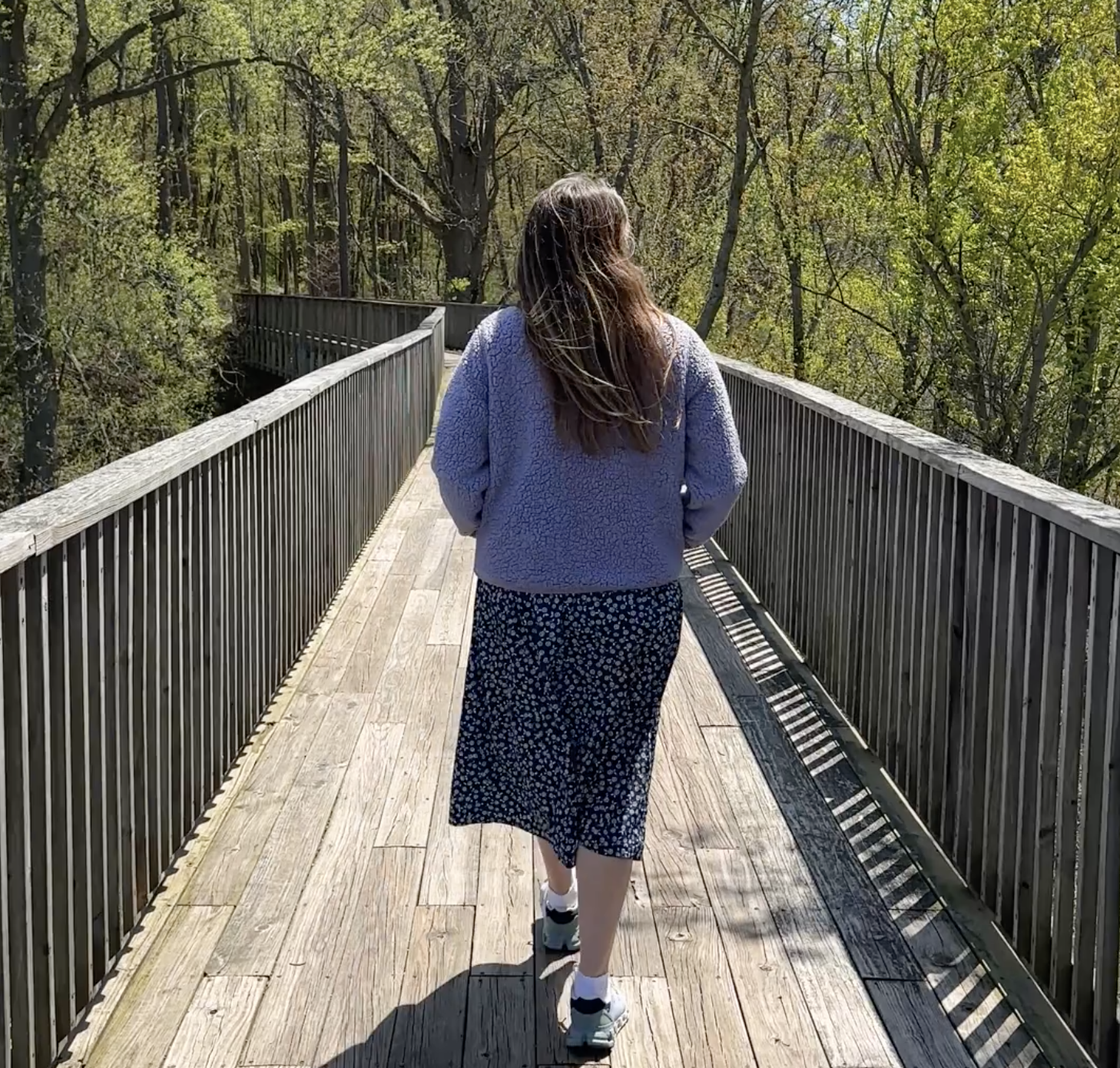 A person walks along the treetop boardwalk at Sarrett Nature Center.