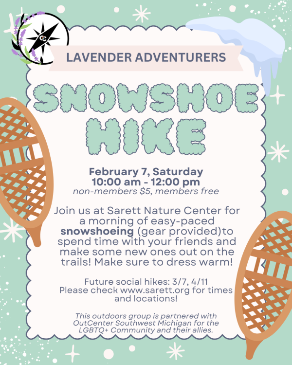 Flyer for Snowshoe Social Hike at Sarett Nature Center on February 7 at 10 AM