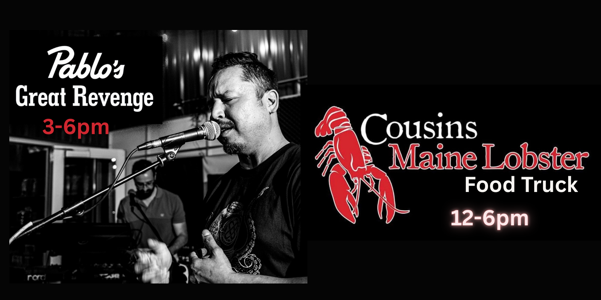 Pablos Great Revenge (3-6pm) & Cousins Lobster Food Truck (12-6pm) at Filkins Vineyards