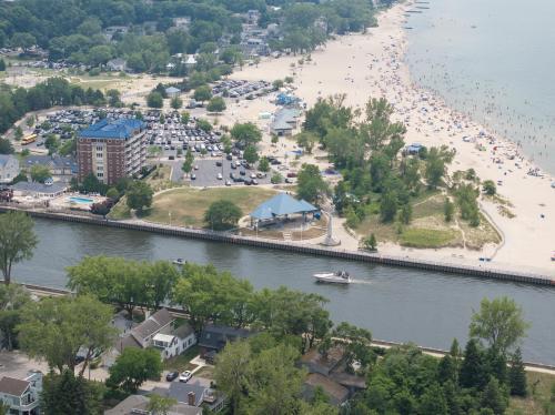 An aerial view of Silver Beach County Park on a summer day.