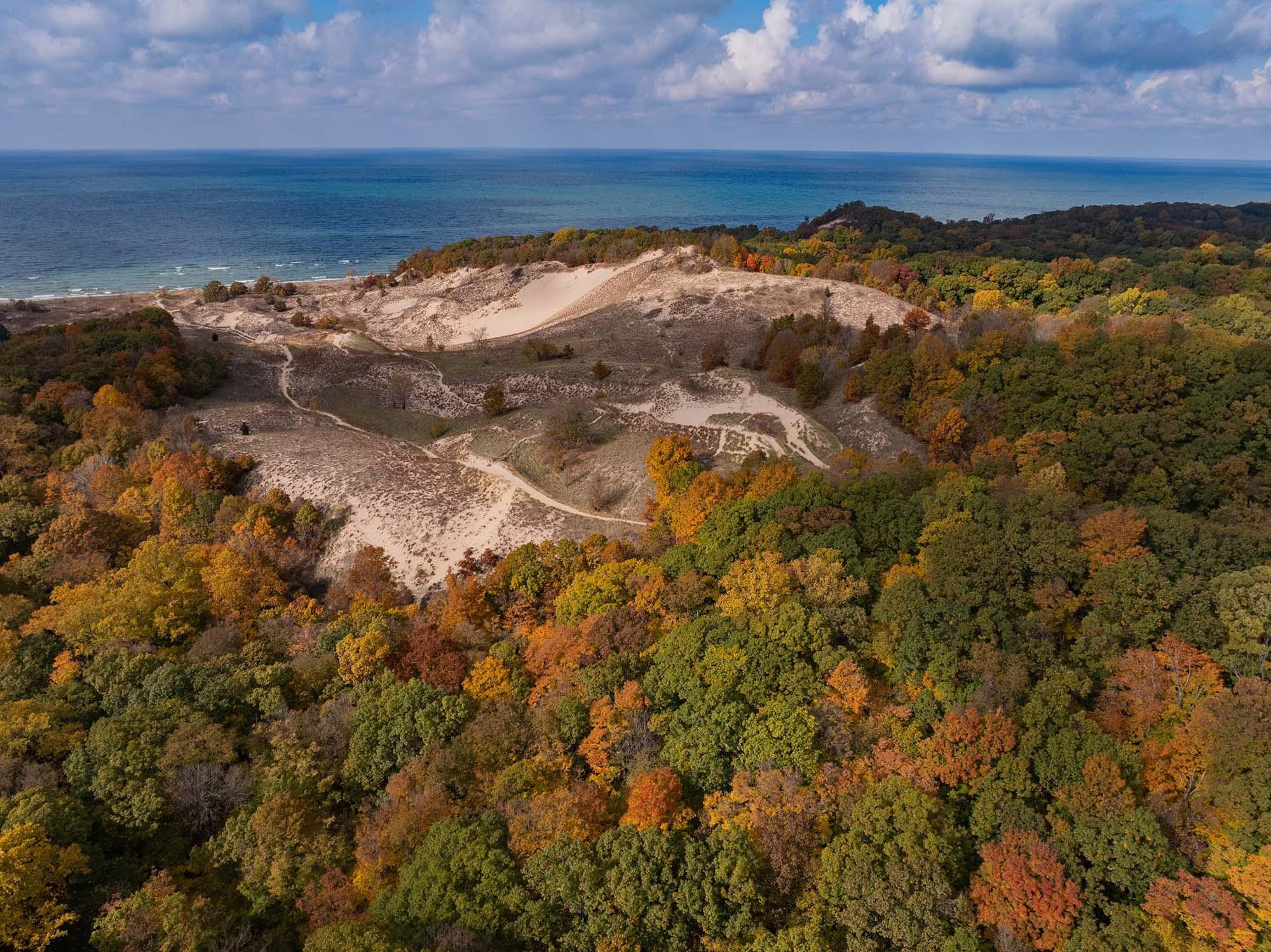 An aerial view of the dunes at Warren Dunes State Park.