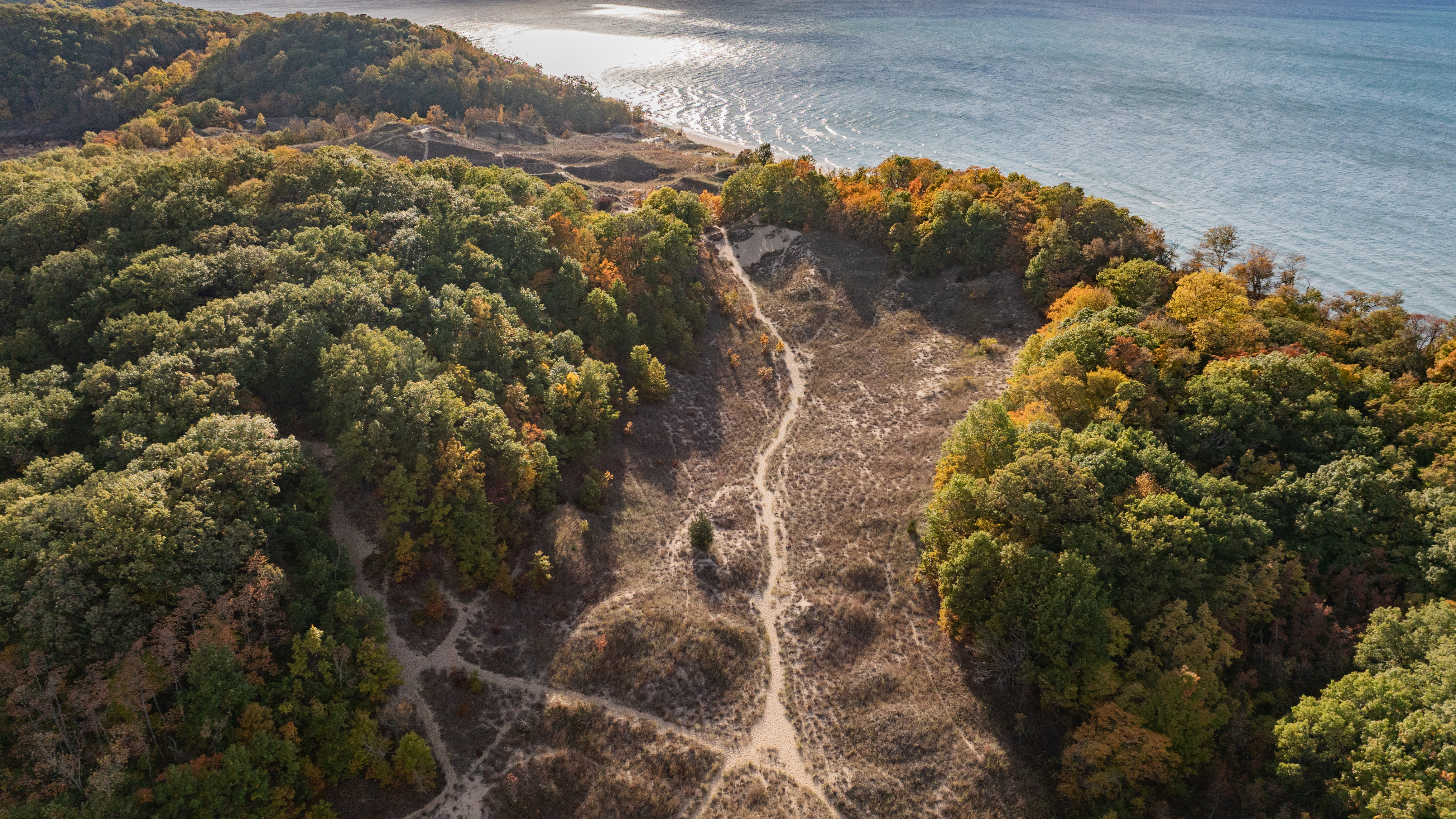 An aerial view of the dunes and trails at Grand Mere State Park in the fall.