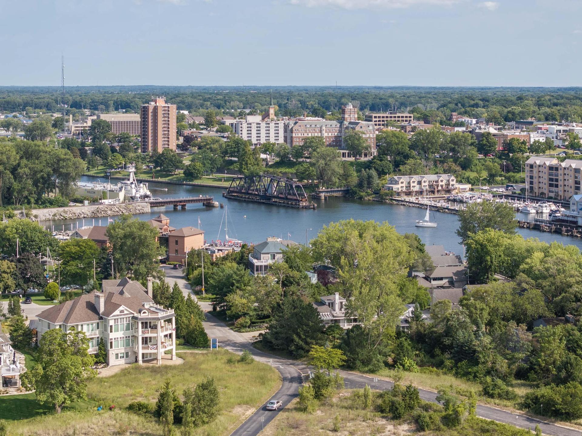 An aerial view of downtown St. Joseph and the St. Joseph River on a beautiful summer day.