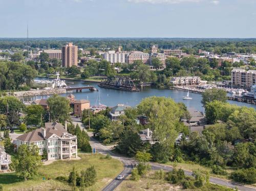 An aerial view of downtown St. Joseph and the St. Joseph River on a beautiful summer day.
