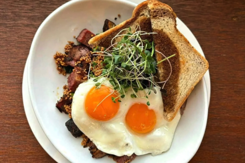 A hearty breakfast plate served at the Heirloom Café.