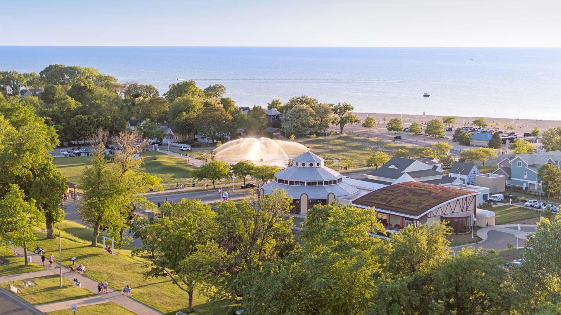 Ariel view of Lake Michigan, Silver Beach Carousel and Whirlpool Compass Fountain.