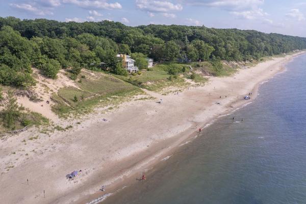 An aerial view of Roadside Beach in the Coloma area on a beautiful summer day.