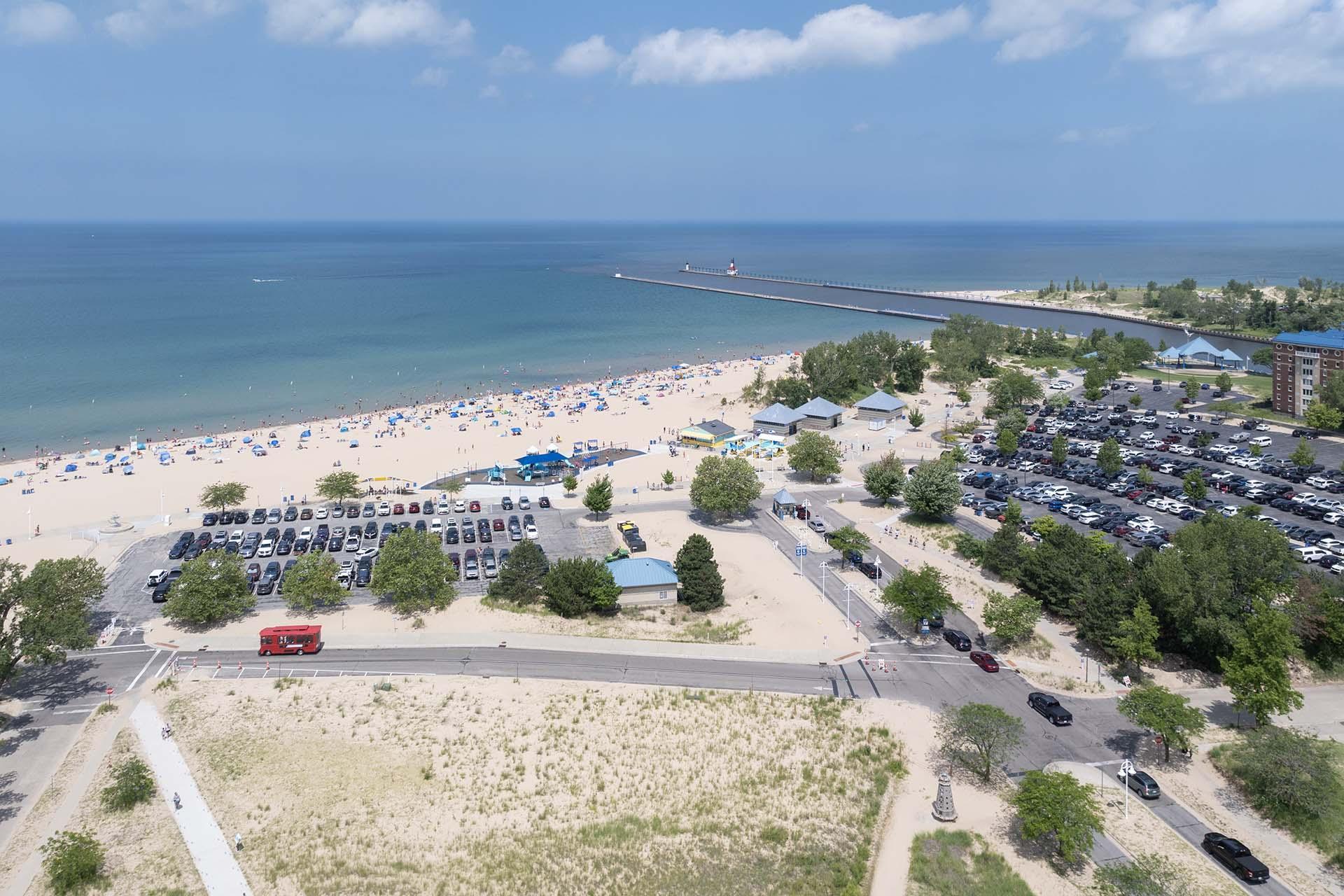 An aerial view of Silver Beach County Park on a beautiful summer day.