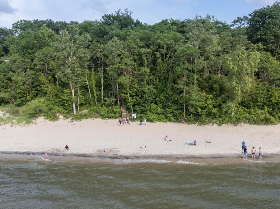 An aerial view of Hagar Beach in the Coloma area on a beautiful summer day.