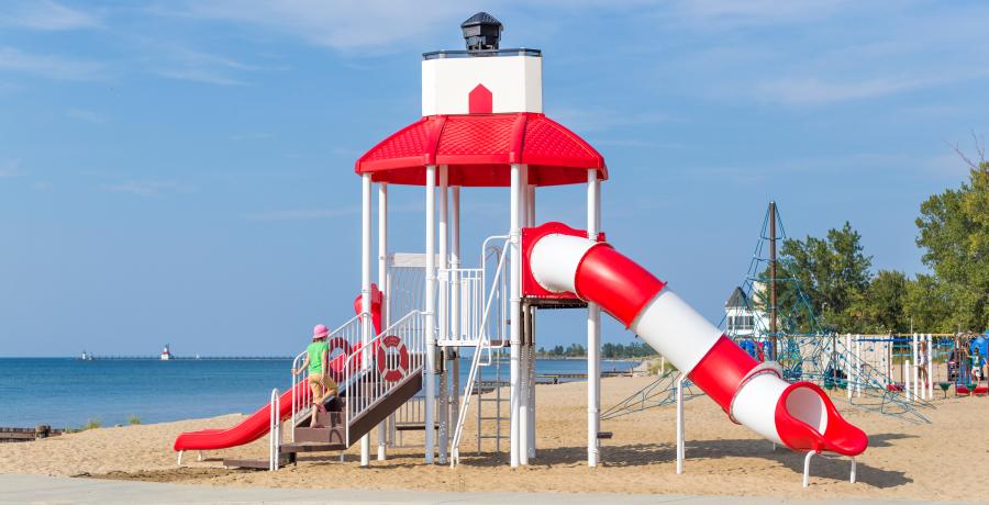 Lighthouse-themed playground at Lions Park Beach in St. Joseph, Michigan.