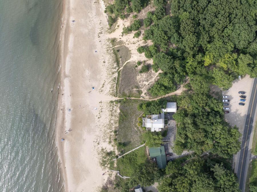 An aerial view of Roadside Beach in the Coloma area on a beautiful summer day.