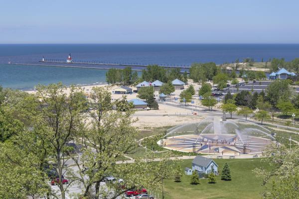 Aerial view of the Whirlpool Compass Fountain and Silver Beach