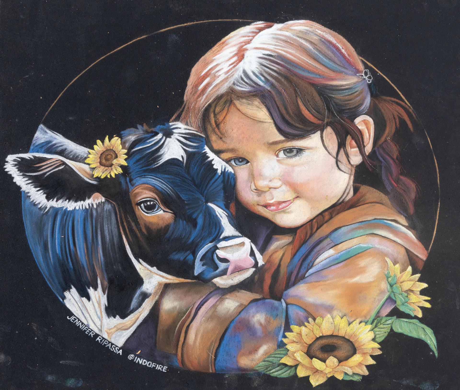 A highly detailed chalk artwork featuring a child, a cow, and sunflowers.