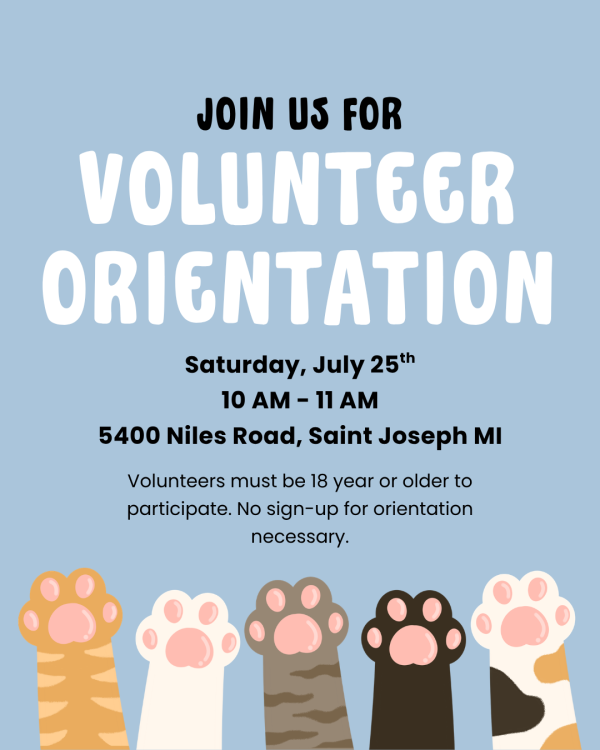 Flyer for Volunteer Orientation on July 25th at the Humane Society of Southwestern Michigan