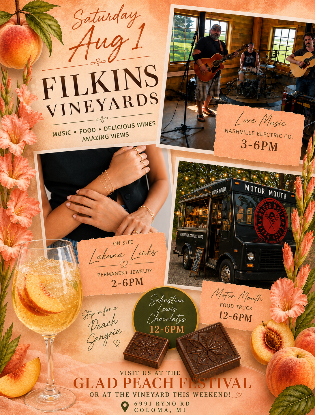 Motor Mouth Food Truck, Sabastian Lewis Chocolates, Lakuna Links Permanent Jewelry and Music by Nashville Electric Company at Filkins Vineyards