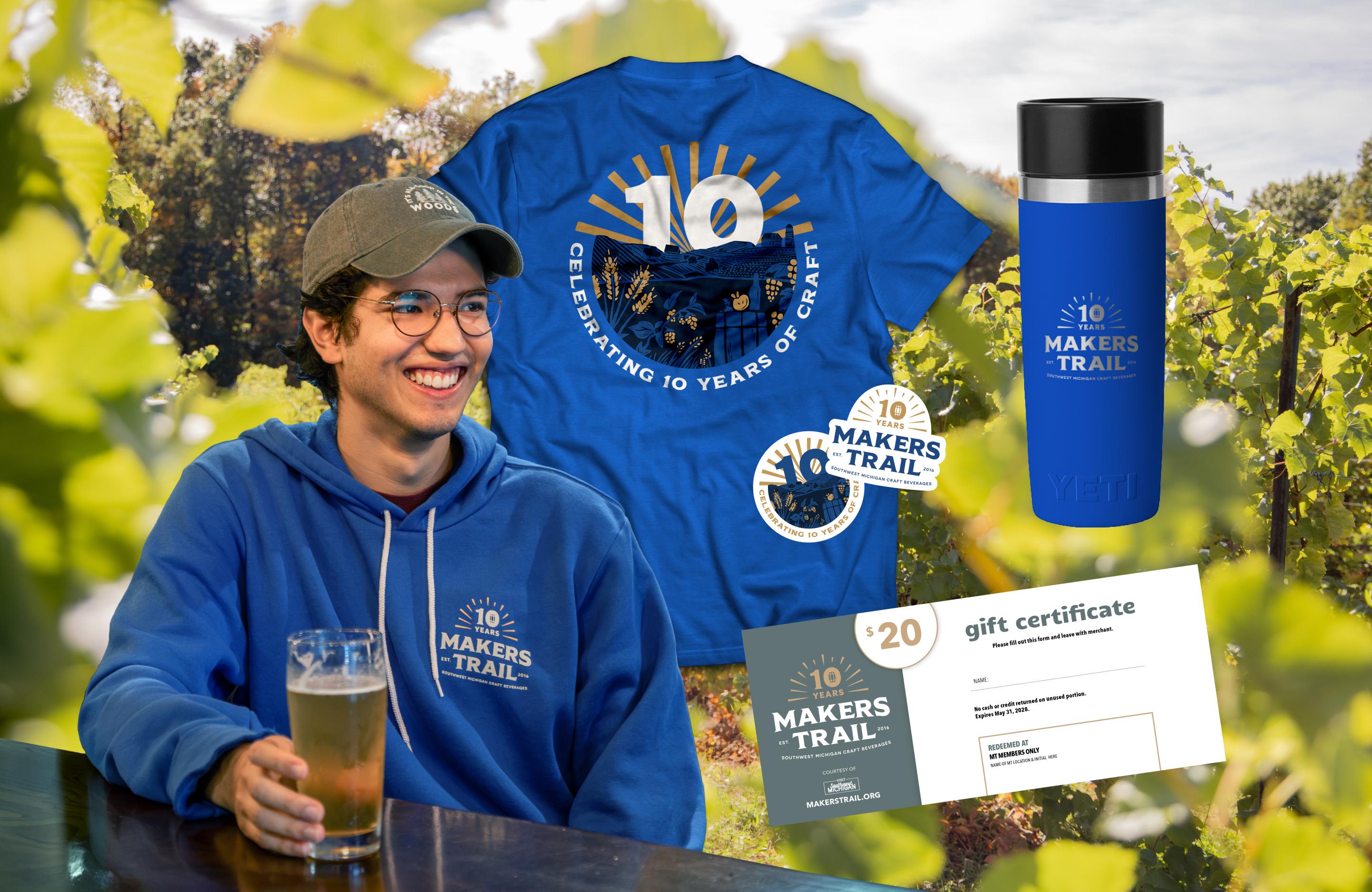Makers Trail Rewards Preview of hoodie, back of T-shirt, stickers, gift certificate, and Yeti bottle.