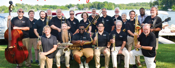 Members of the Lake Effect Jazz Band with their instruments. Text reads Lake Effect Jazz Big Band returns to the Box Factory  on Saturday September 26. 7-9pm