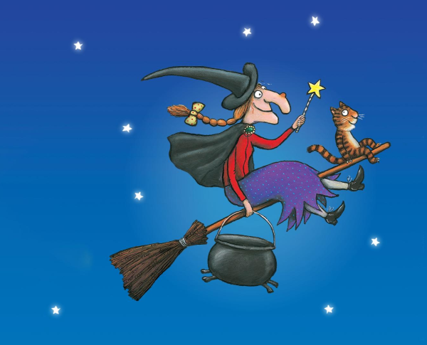 Cartoon witch flying across the night sky