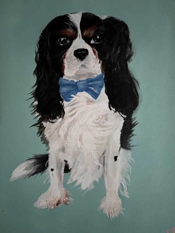 Painting of a dog with a bowtie on a blue background.