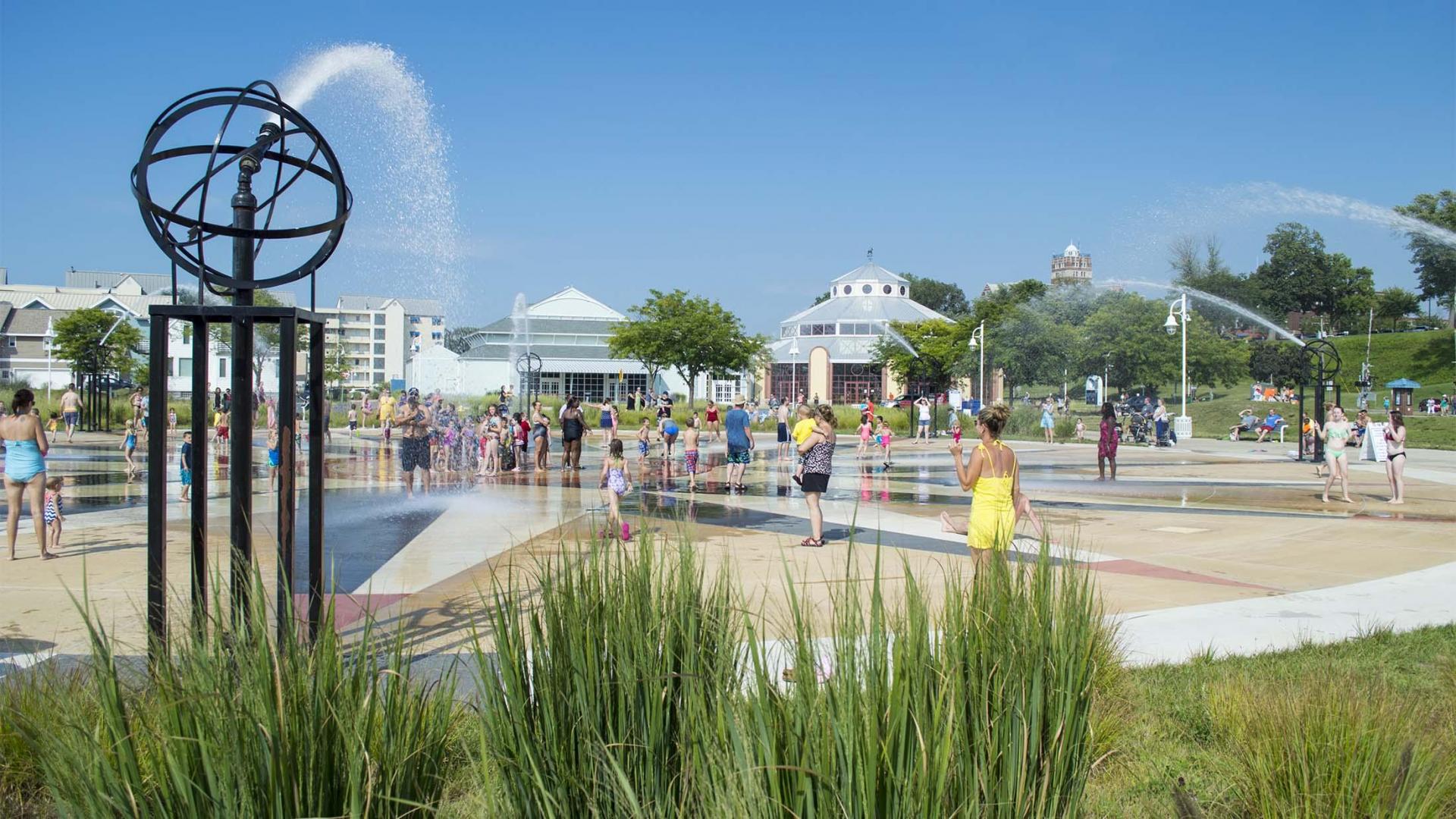 Whirlpool Compass Fountain with the Silver Beach Carousel in the distance.