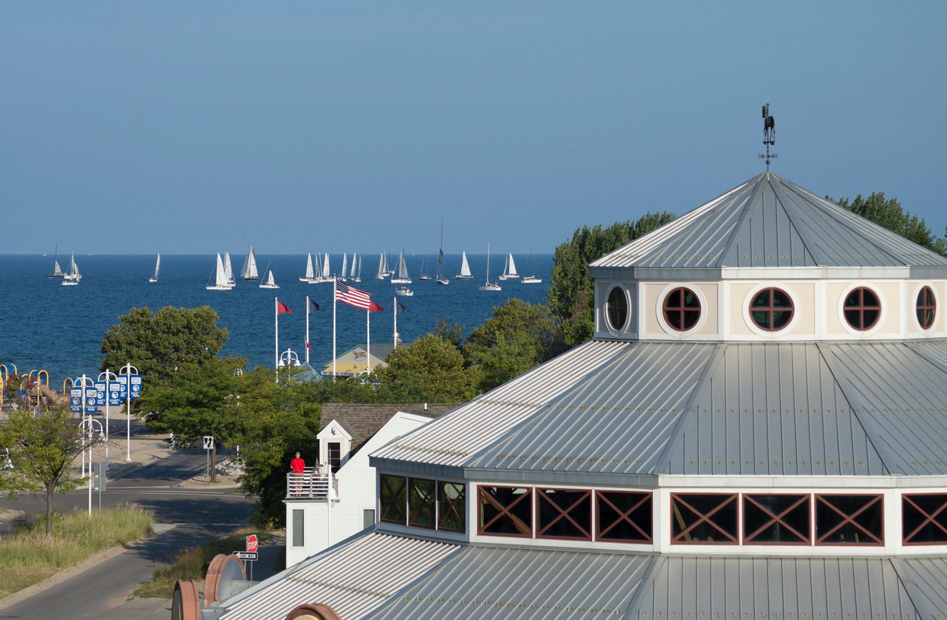 A group of sail boats out on Lake Michigan