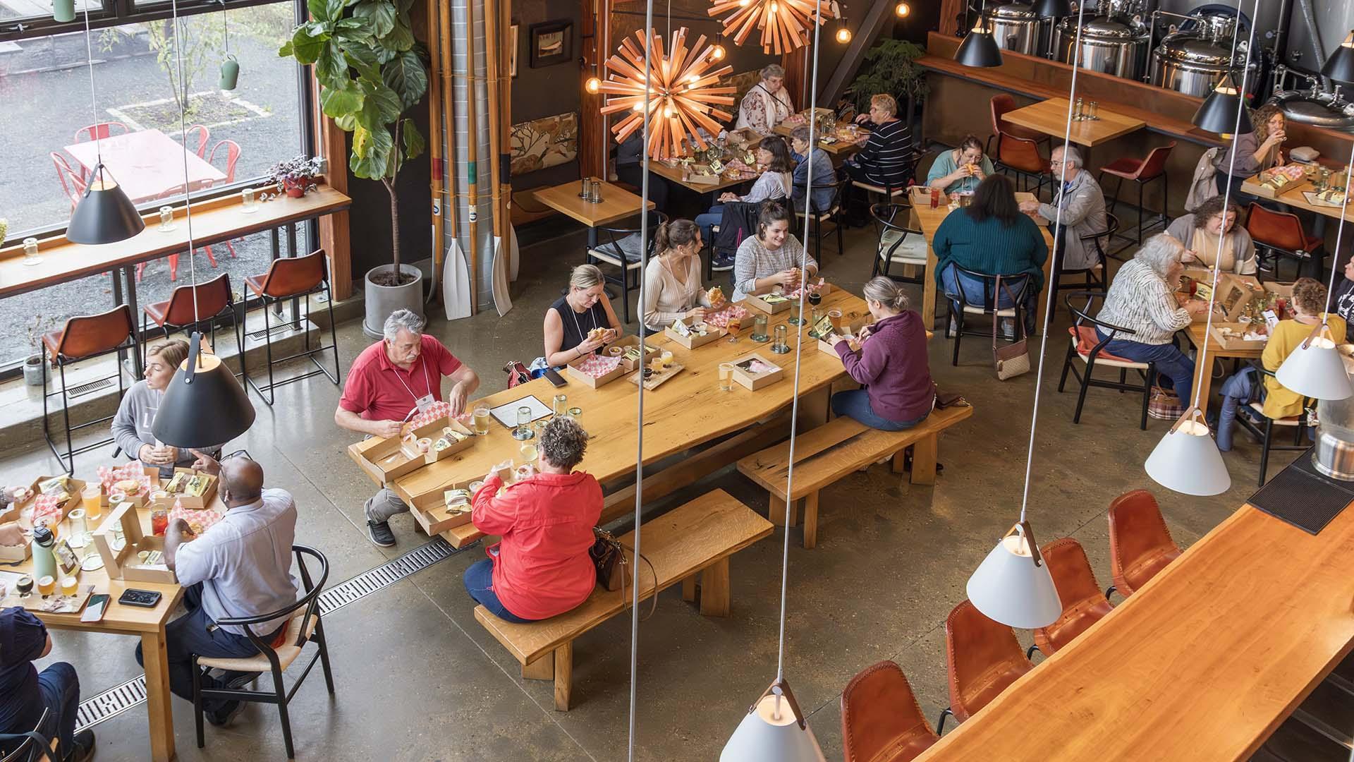 A tour group enjoying a meal at River Saint Joe.