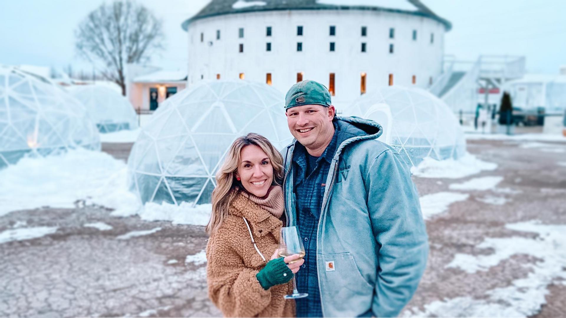 A couple at Round Barn in the winter.