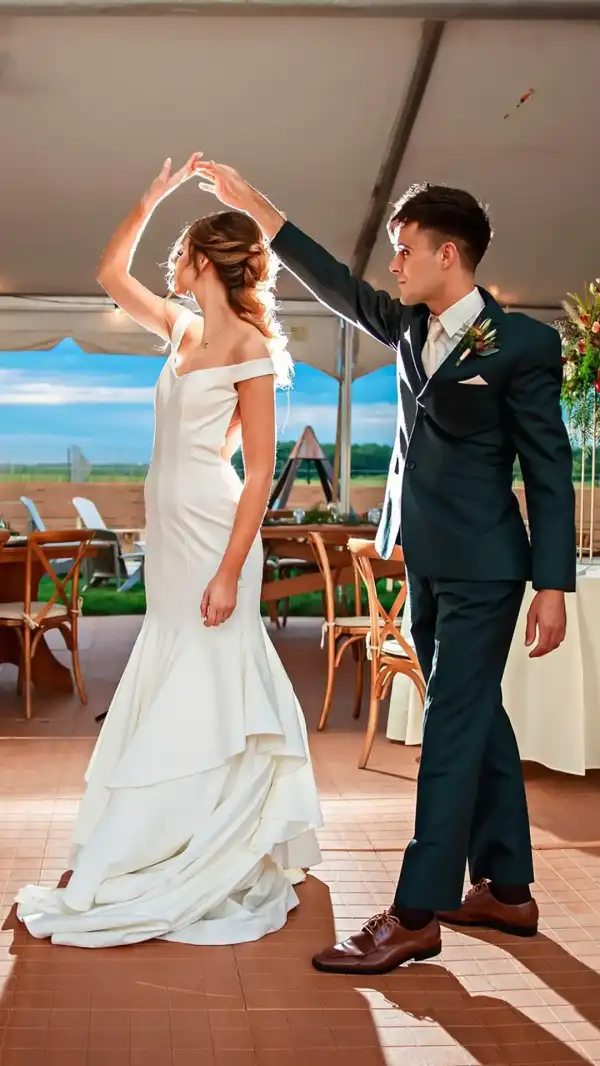 Dancing at an outdoor wedding venue.