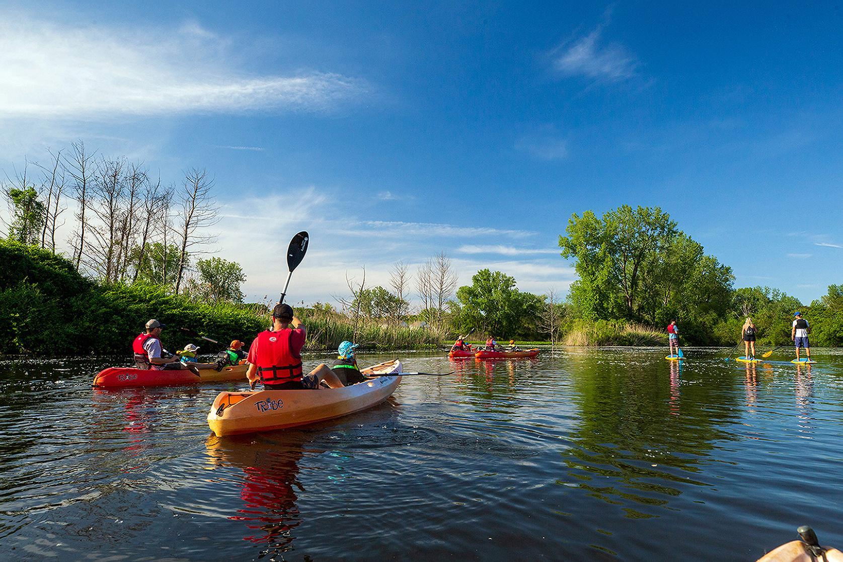 group kayaking down river during summer family kayak