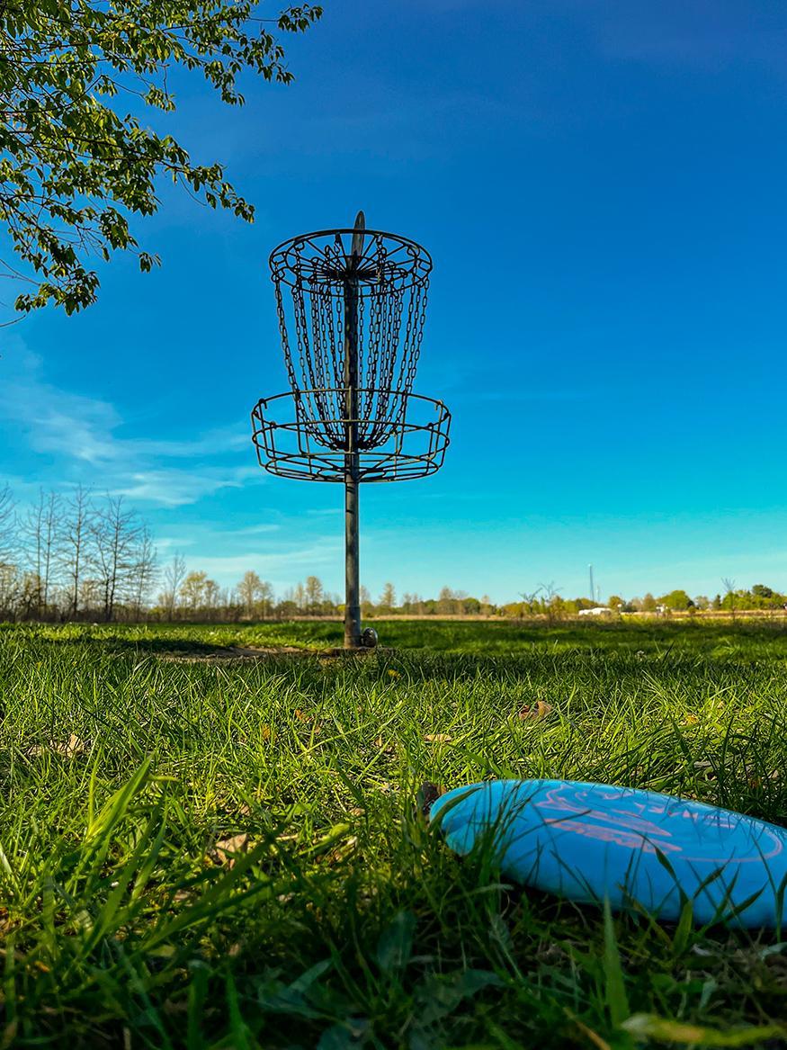 disc golf cage and chains with disc close to viewpoint