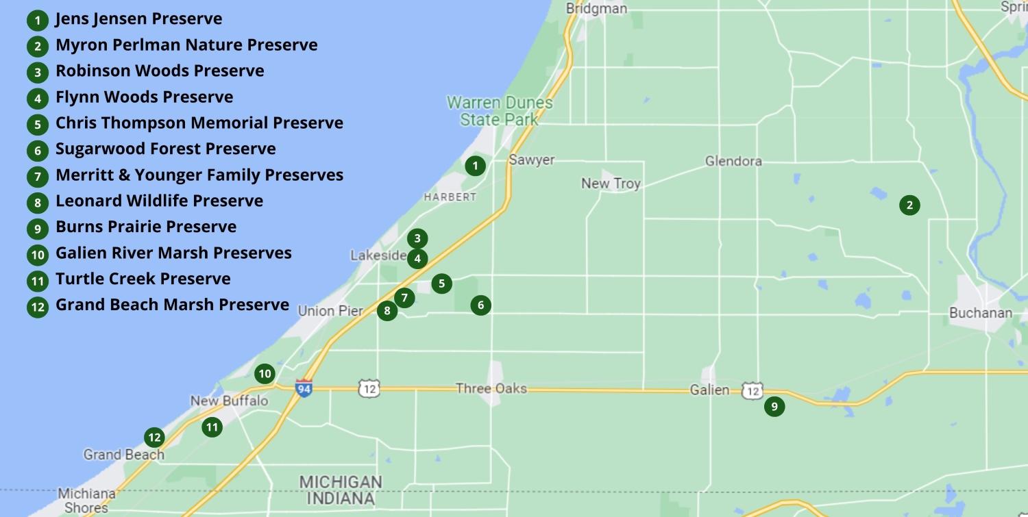 A map showing the geographic locations of all 12 open-access COL nature preserves