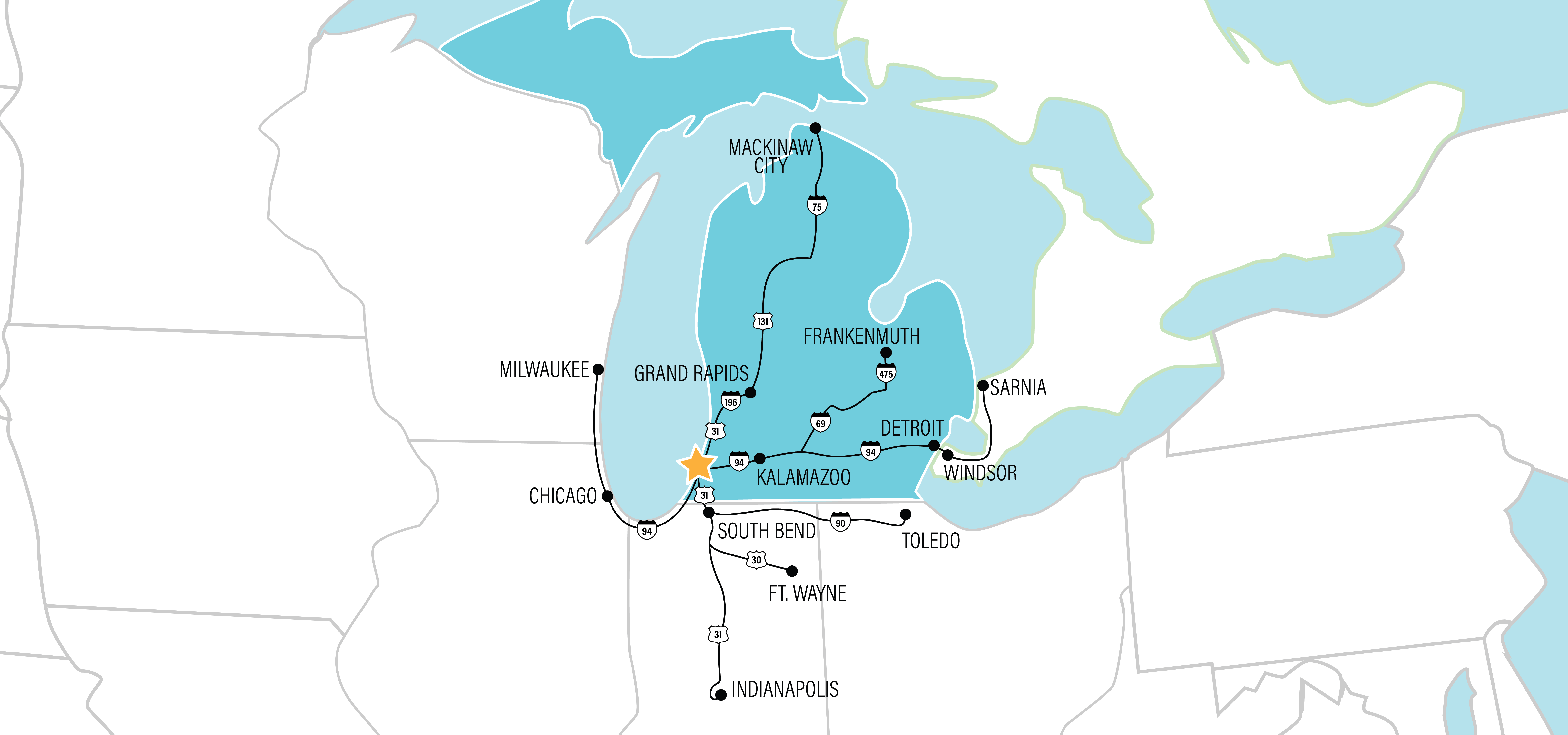 Map of Michigan with major roads.