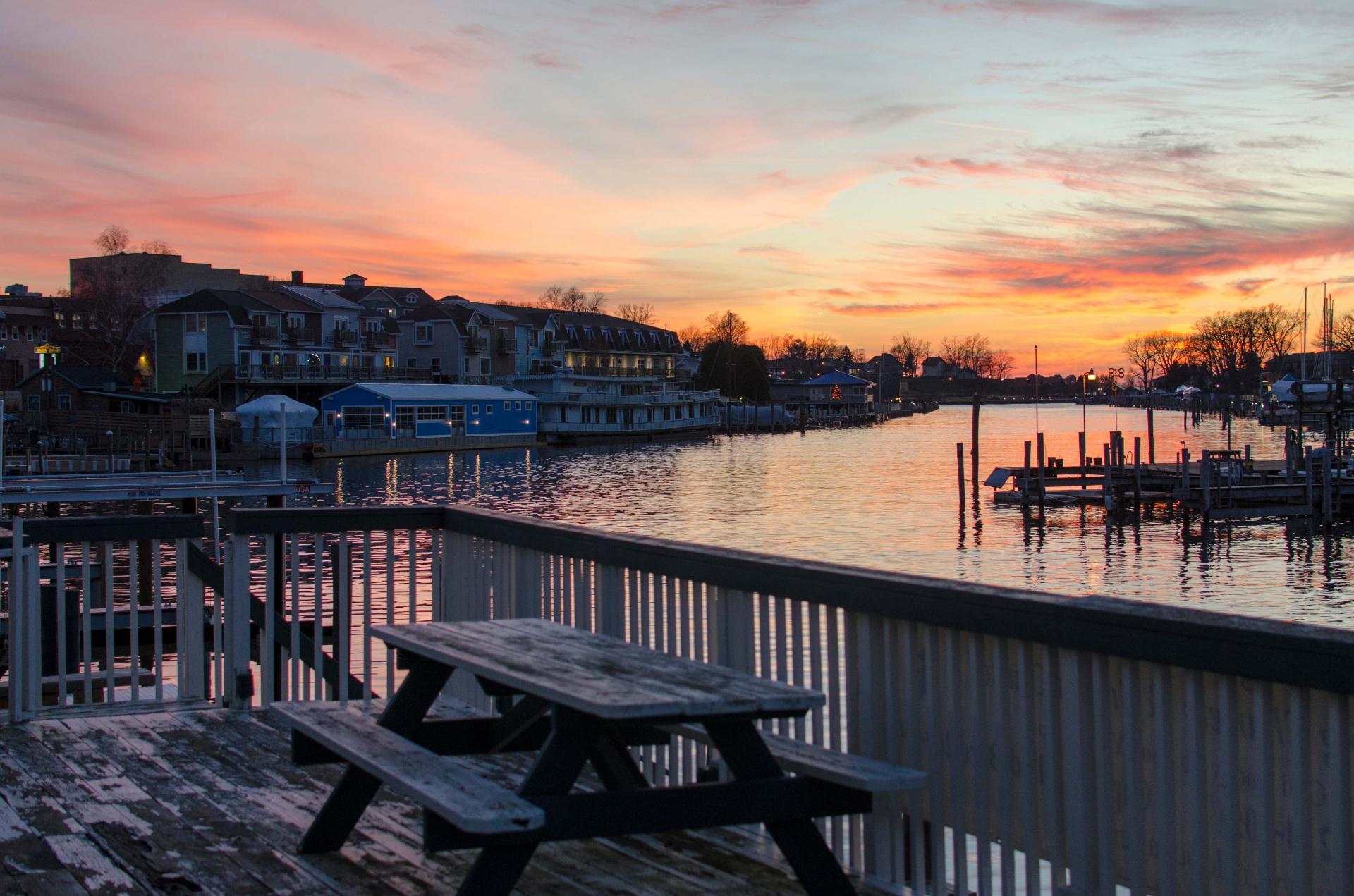 South Haven riverfront at sunset