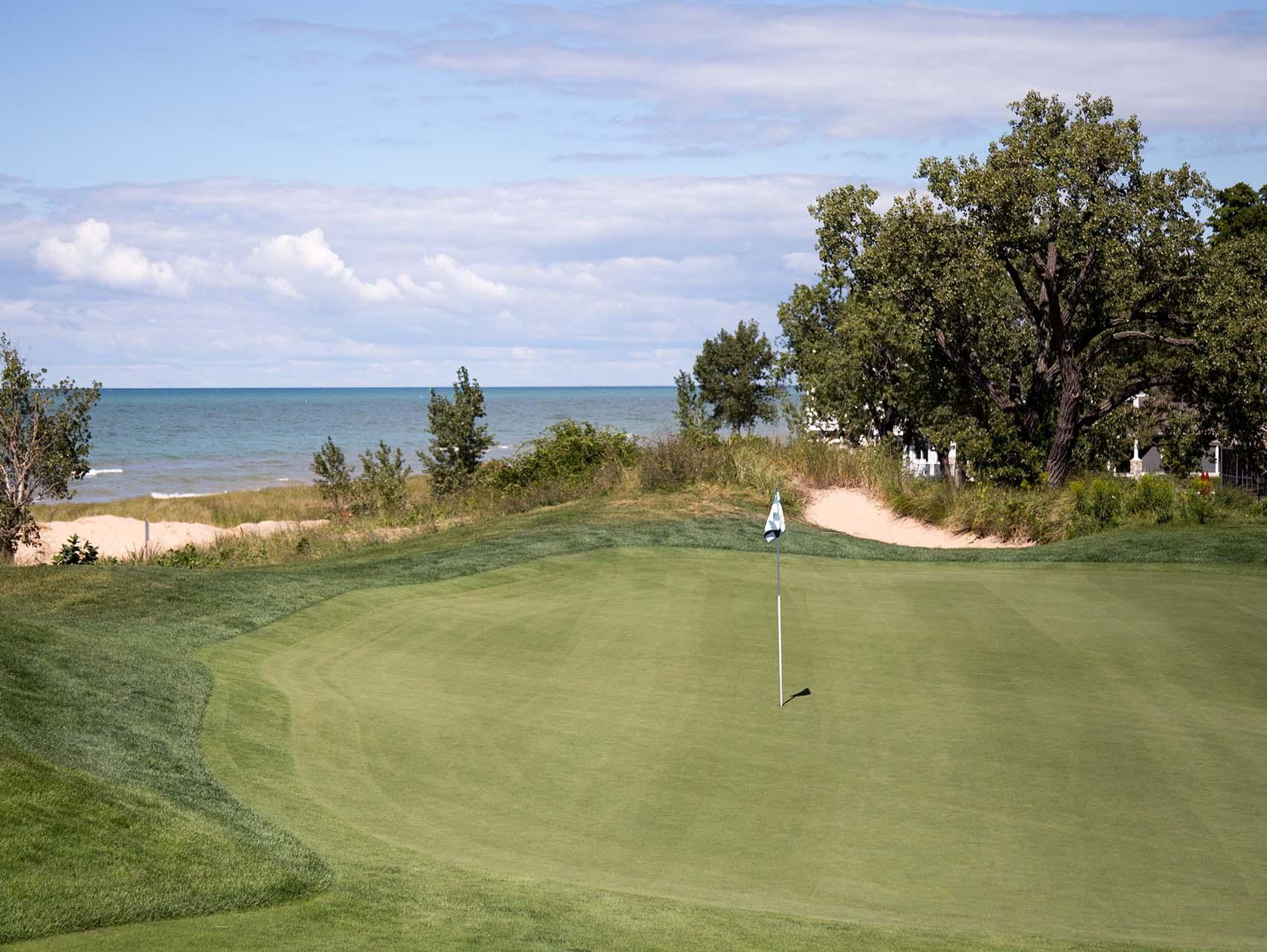 View of Lake Michigan from a green at Harbor Shores Golf Club