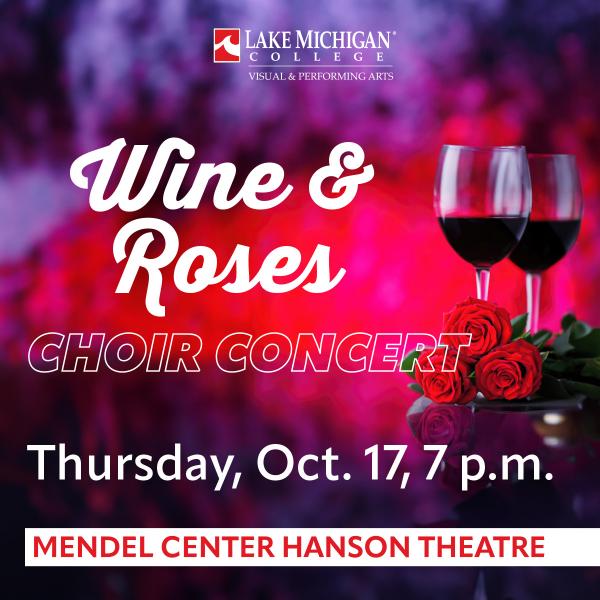 Photo of wine glasses and rose with event title